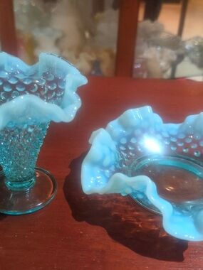 Vintage Blue Hobnail Ruffled Glass Vase & Bowl By Fenton
